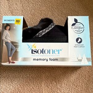 Isotoner Black Memory Foam Slippers with Patterned Trim